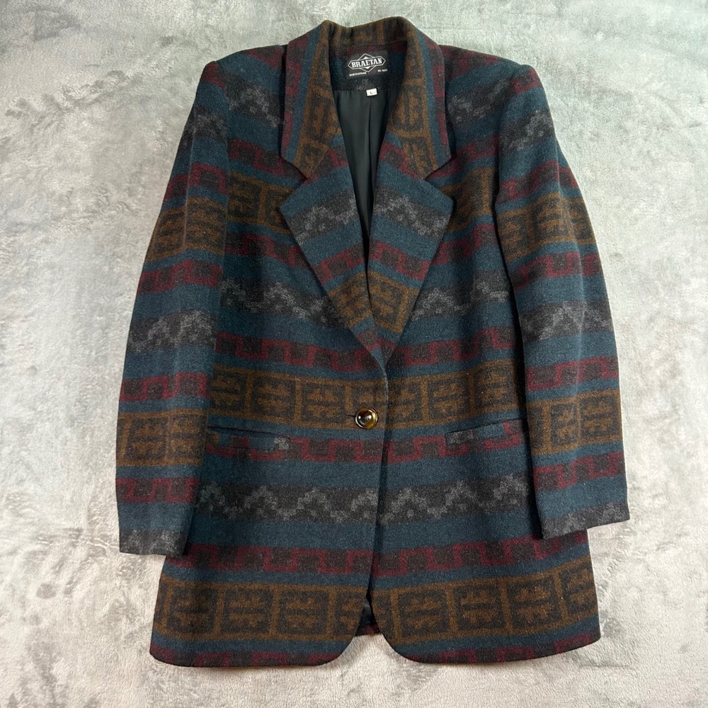 Braetan Vintage Southwestern Geometric Wool Blend Blazer Jacket Teal Large